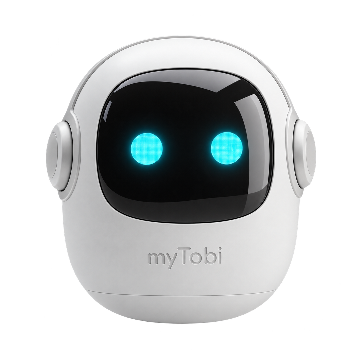 Tobi, a milky white companion with silver headphones and glowing cyan eyes
